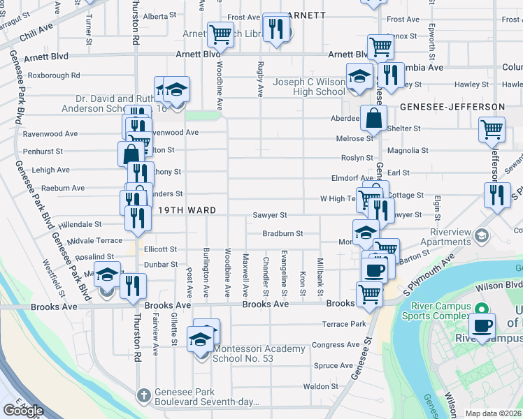 map of restaurants, bars, coffee shops, grocery stores, and more near 245 West High Terrace in Rochester