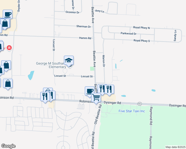 map of restaurants, bars, coffee shops, grocery stores, and more near 6439 Locust Street in Lockport