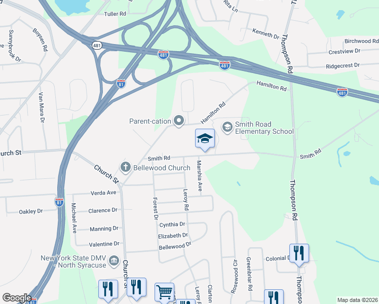 map of restaurants, bars, coffee shops, grocery stores, and more near 5943 Smith Road in Syracuse
