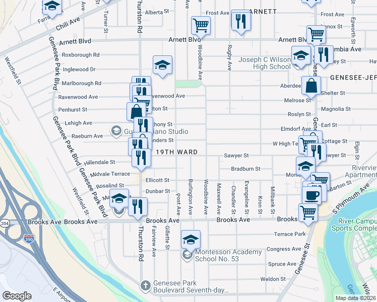 map of restaurants, bars, coffee shops, grocery stores, and more near in Rochester