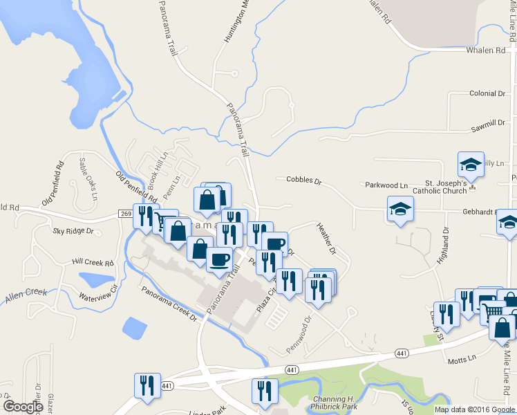 map of restaurants, bars, coffee shops, grocery stores, and more near 3 Mountain Lane in Rochester