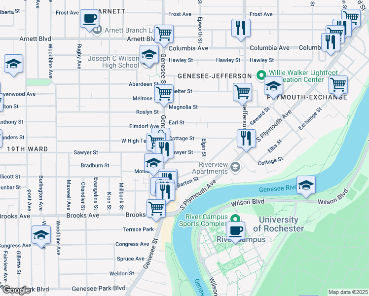 map of restaurants, bars, coffee shops, grocery stores, and more near 437 Cottage Street in Rochester