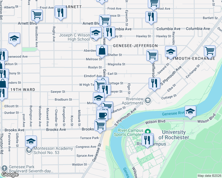 map of restaurants, bars, coffee shops, grocery stores, and more near in Rochester