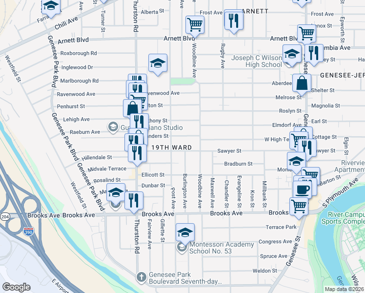map of restaurants, bars, coffee shops, grocery stores, and more near in Rochester