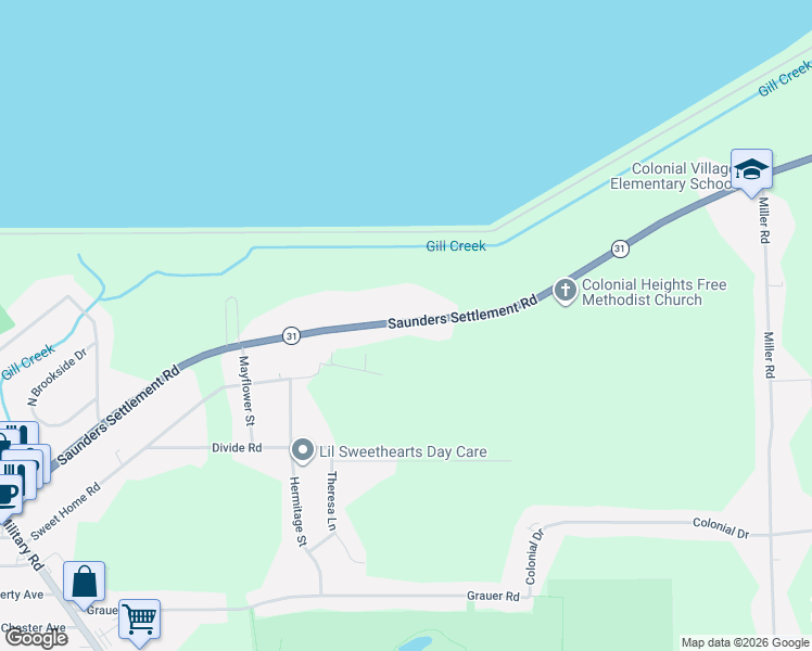 map of restaurants, bars, coffee shops, grocery stores, and more near 1199 Saunders Settlement Road in Lewiston