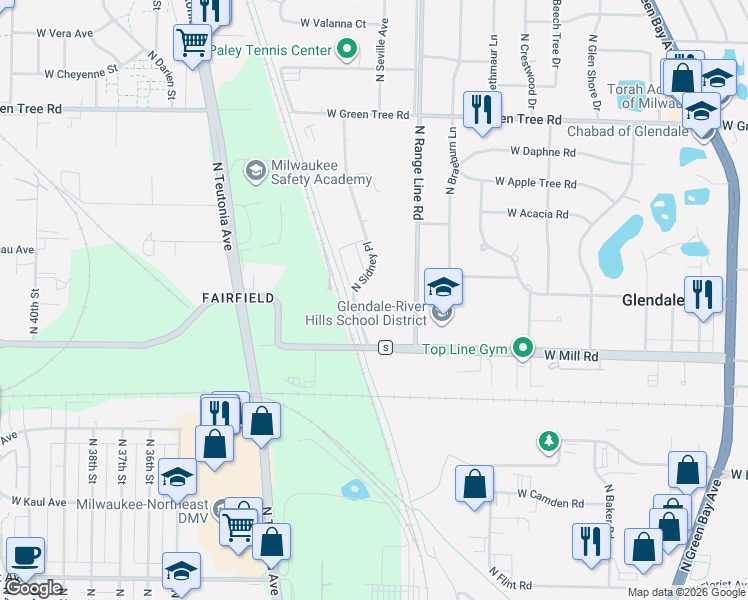 map of restaurants, bars, coffee shops, grocery stores, and more near 6500 North Sidney Place in Glendale