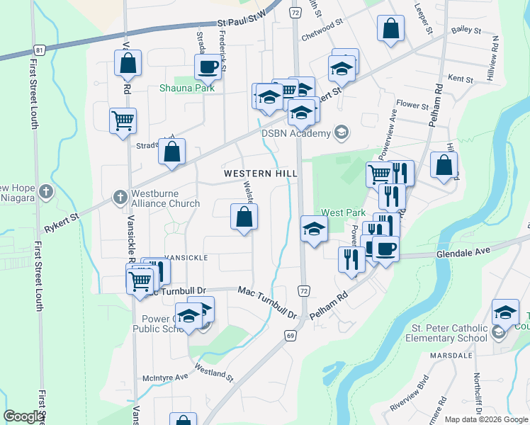 map of restaurants, bars, coffee shops, grocery stores, and more near 24 Valley Road in St. Catharines