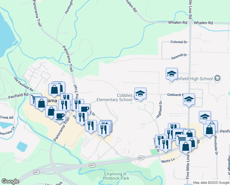 map of restaurants, bars, coffee shops, grocery stores, and more near 191 Gebhardt Road in Penfield