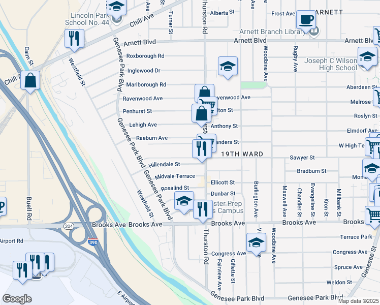 map of restaurants, bars, coffee shops, grocery stores, and more near 481 Thurston Road in Rochester