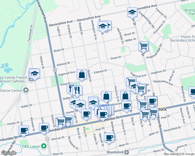 map of restaurants, bars, coffee shops, grocery stores, and more near 511 Mary Street in Woodstock