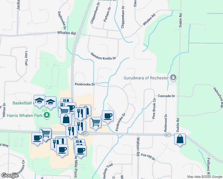 map of restaurants, bars, coffee shops, grocery stores, and more near 351 Penbrooke Drive in Penfield