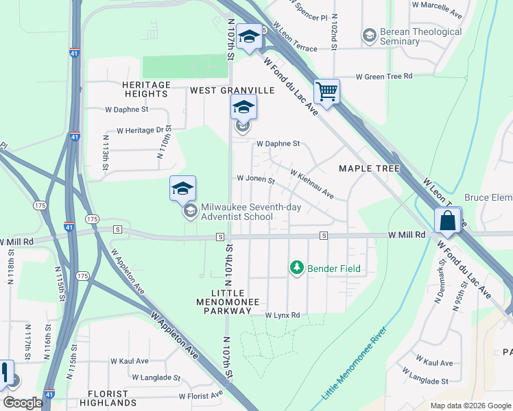 map of restaurants, bars, coffee shops, grocery stores, and more near 6457 North 106th Street in Milwaukee