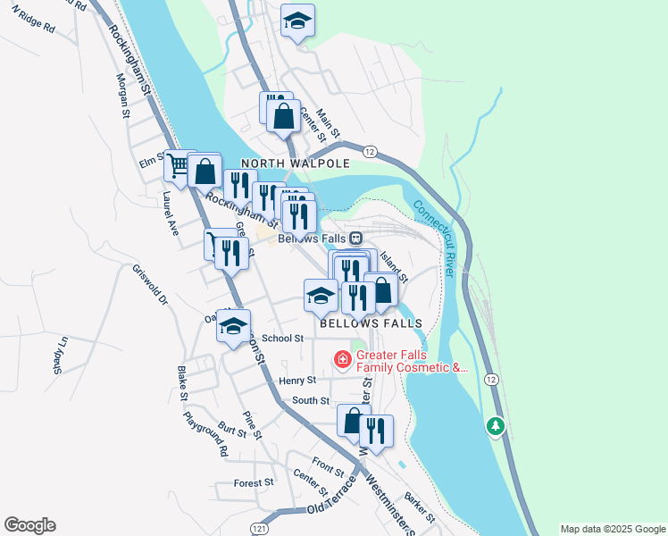 map of restaurants, bars, coffee shops, grocery stores, and more near 50 Canal Street in Town of Rockingham