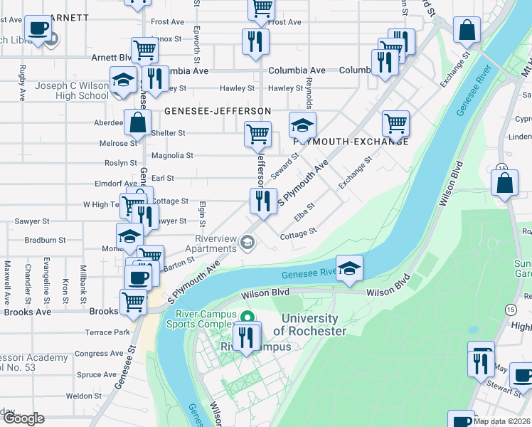 map of restaurants, bars, coffee shops, grocery stores, and more near 1155 South Plymouth Avenue in Rochester
