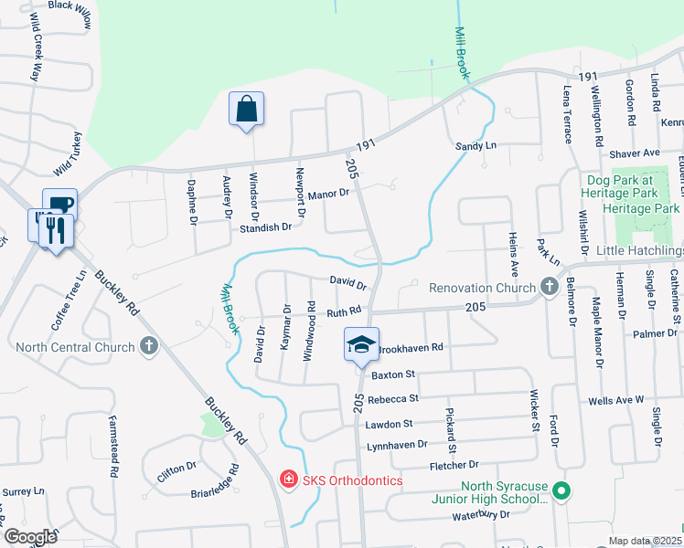map of restaurants, bars, coffee shops, grocery stores, and more near 116 David Drive in Syracuse