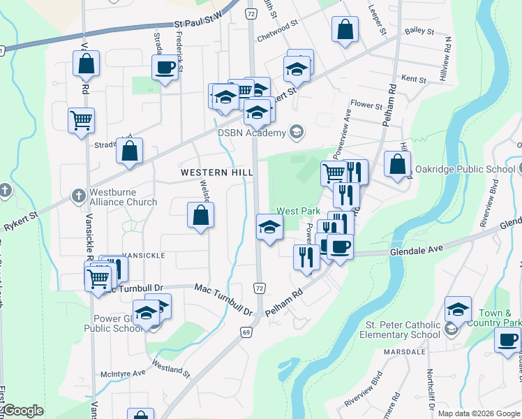 map of restaurants, bars, coffee shops, grocery stores, and more near 88 Louth Street in St. Catharines