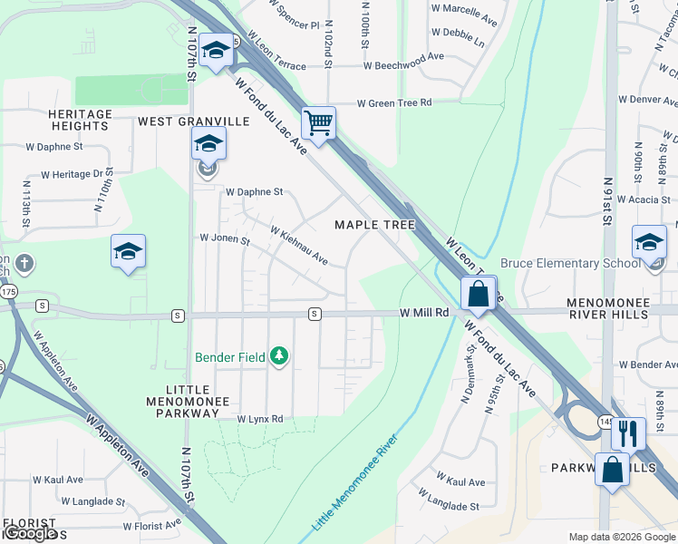 map of restaurants, bars, coffee shops, grocery stores, and more near 10103 West Kiehnau Avenue in Milwaukee