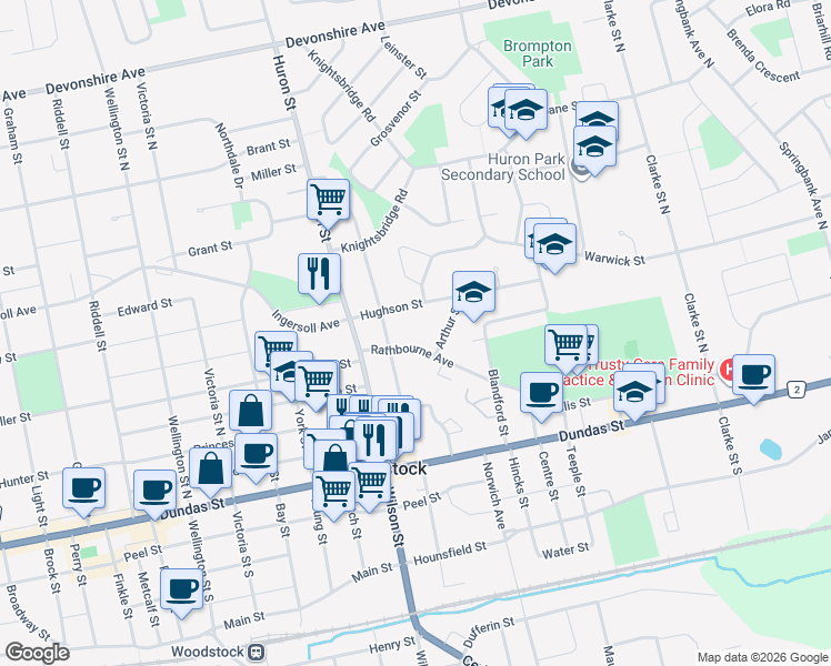 map of restaurants, bars, coffee shops, grocery stores, and more near 751 Rathbourne Avenue in Woodstock