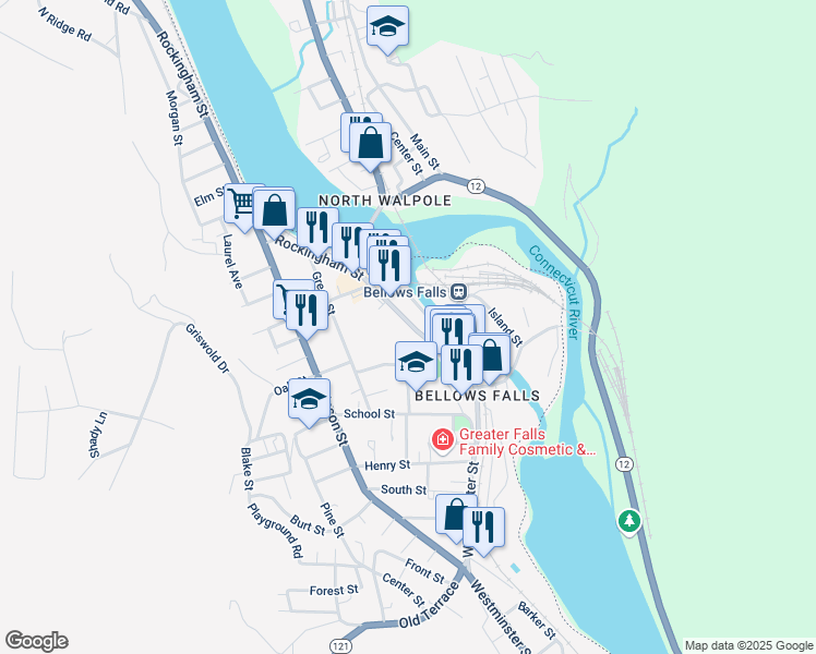 map of restaurants, bars, coffee shops, grocery stores, and more near 90 Rockingham Road in Town of Rockingham