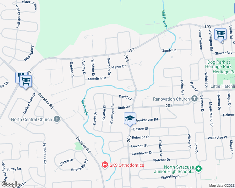 map of restaurants, bars, coffee shops, grocery stores, and more near 116 David Drive in Syracuse