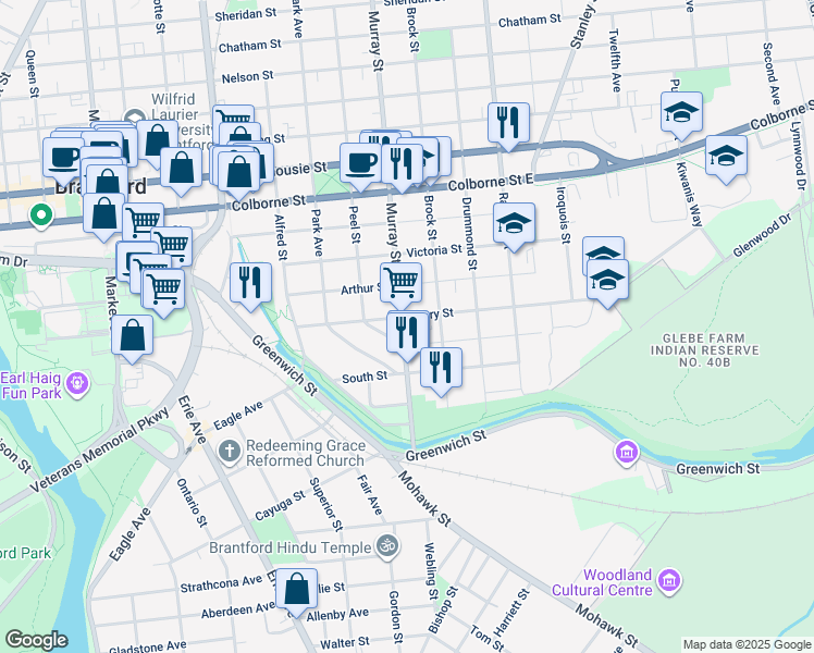 map of restaurants, bars, coffee shops, grocery stores, and more near 73 Murray Street in Brantford