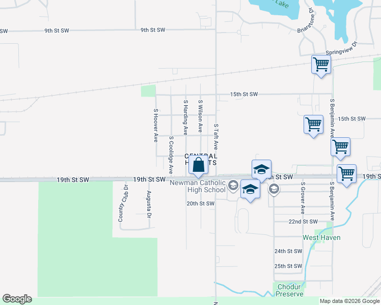 map of restaurants, bars, coffee shops, grocery stores, and more near 1739 South Harding Avenue in Mason City