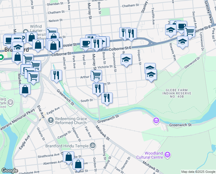 map of restaurants, bars, coffee shops, grocery stores, and more near 61 Brock Street in Brantford