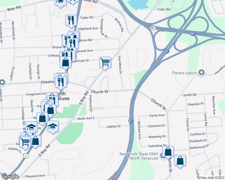 map of restaurants, bars, coffee shops, grocery stores, and more near 309 Church Street in North Syracuse