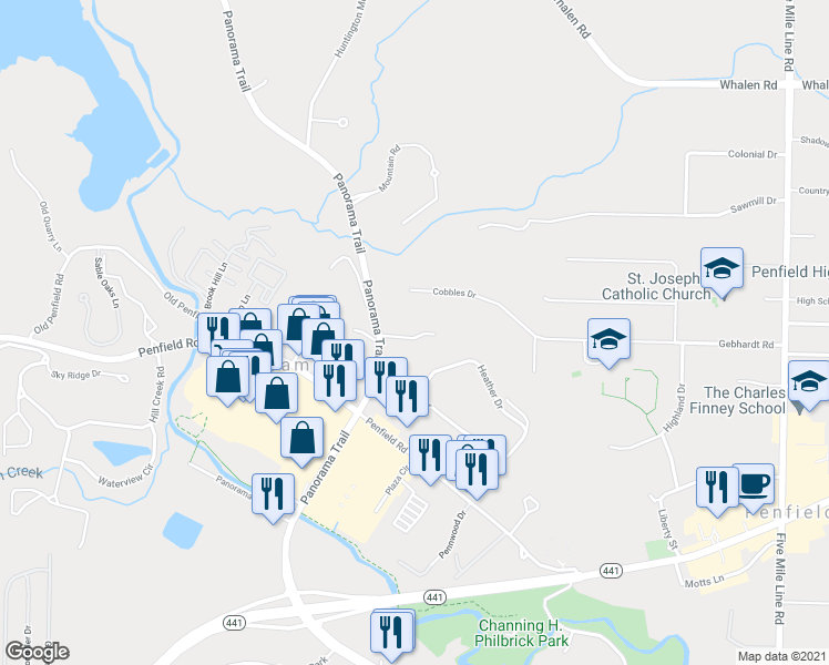 map of restaurants, bars, coffee shops, grocery stores, and more near 520 Panorama Trail in Rochester
