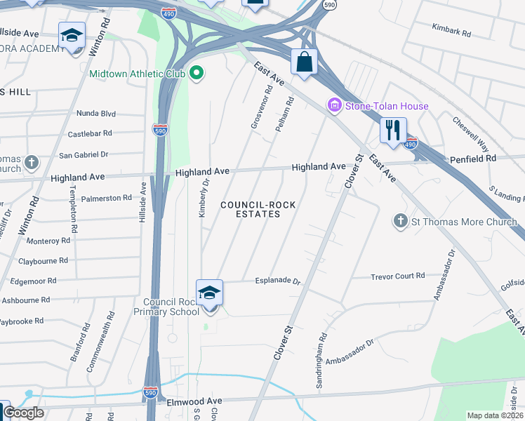 map of restaurants, bars, coffee shops, grocery stores, and more near 260 Pelham Road in Rochester