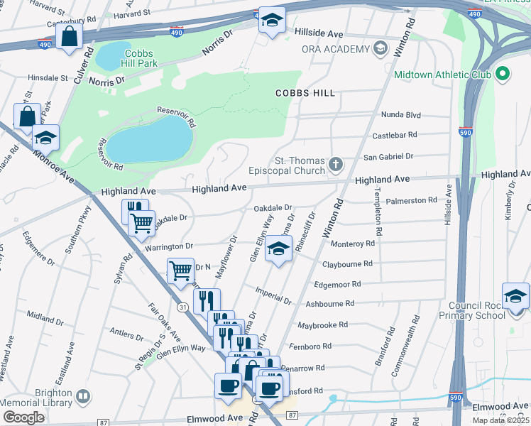 map of restaurants, bars, coffee shops, grocery stores, and more near 315 Oakdale Drive in Rochester