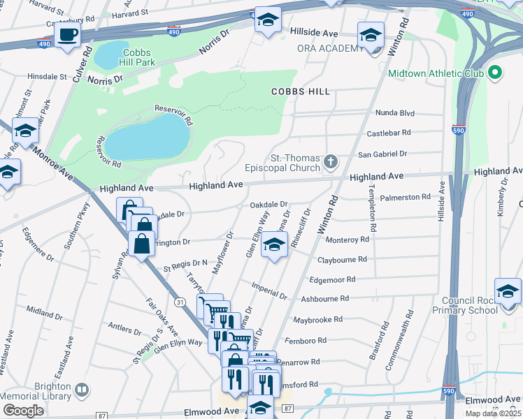 map of restaurants, bars, coffee shops, grocery stores, and more near 315 Oakdale Drive in Rochester