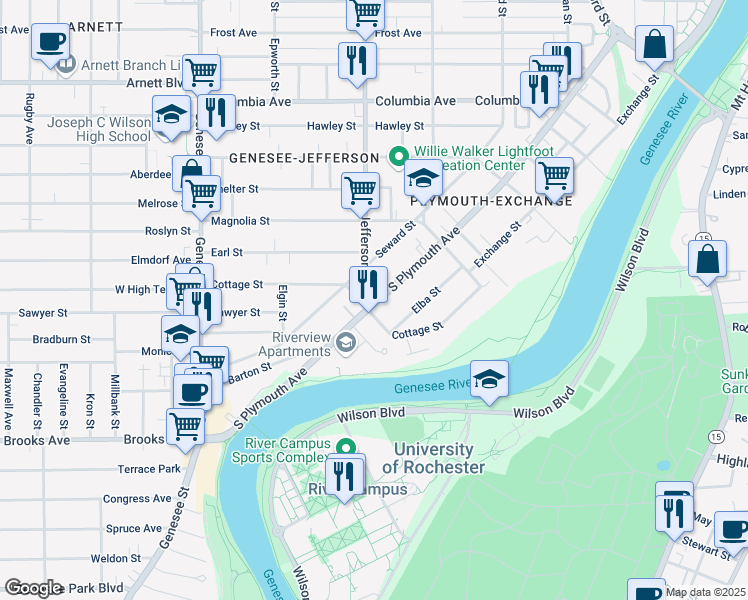 map of restaurants, bars, coffee shops, grocery stores, and more near 1128 South Plymouth Avenue in Rochester