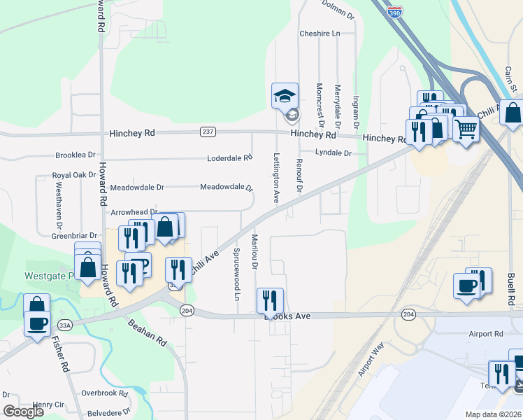 map of restaurants, bars, coffee shops, grocery stores, and more near 1692 Chili Avenue in Rochester