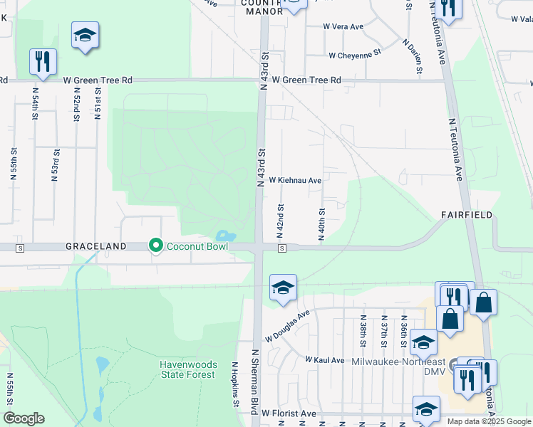 map of restaurants, bars, coffee shops, grocery stores, and more near 6478 North 43rd Street in Milwaukee