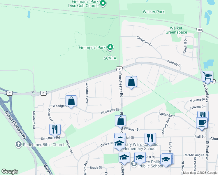 map of restaurants, bars, coffee shops, grocery stores, and more near 2527 Noella Crescent in Niagara Falls