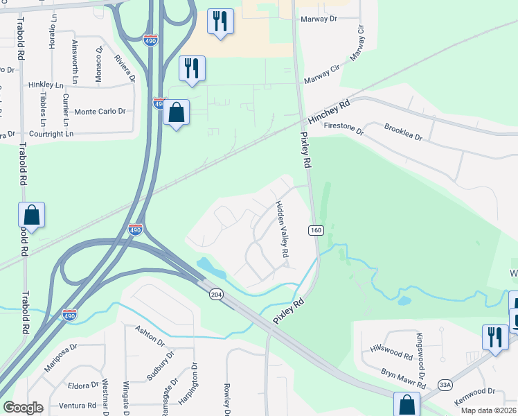 map of restaurants, bars, coffee shops, grocery stores, and more near 672 Hidden Valley Road in Rochester