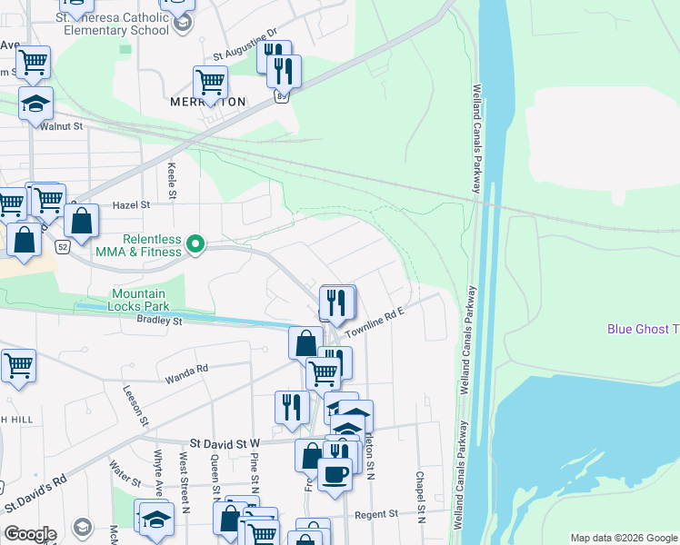 map of restaurants, bars, coffee shops, grocery stores, and more near 28 Saint Peter Street in Saint Catharines