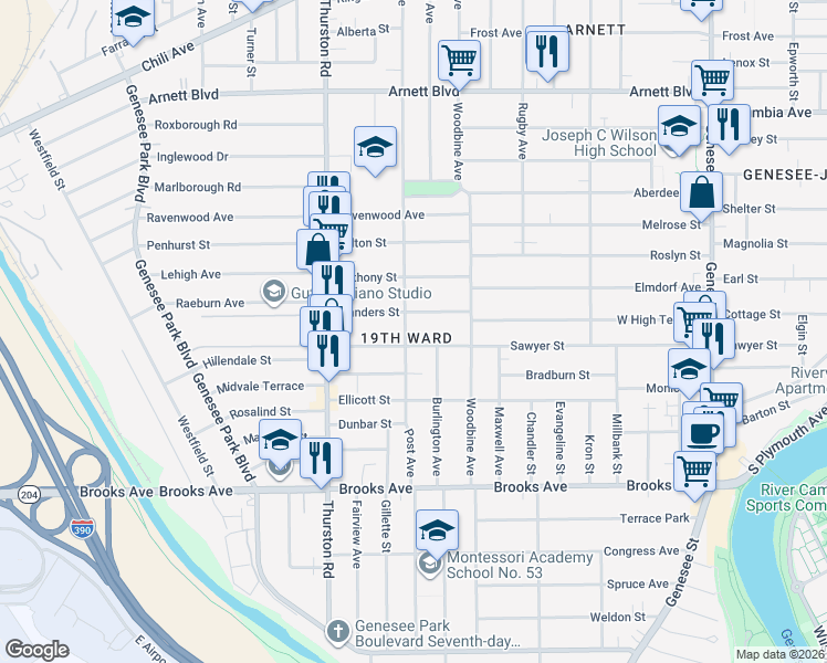 map of restaurants, bars, coffee shops, grocery stores, and more near in Rochester