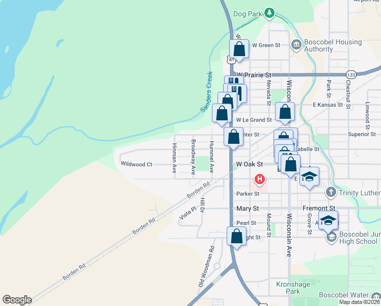 map of restaurants, bars, coffee shops, grocery stores, and more near 600 Warah Street in Boscobel