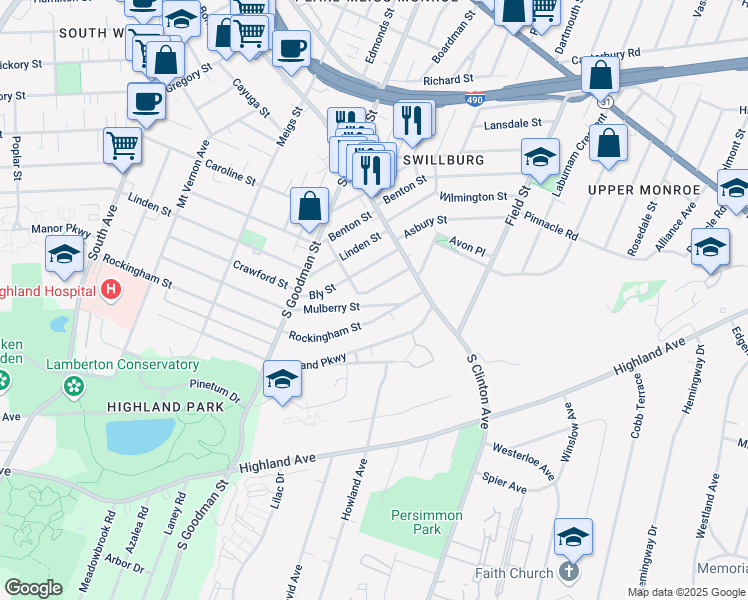 map of restaurants, bars, coffee shops, grocery stores, and more near 336 Mulberry Street in Rochester