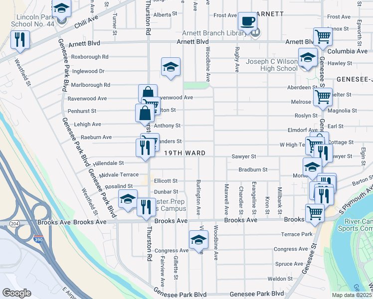 map of restaurants, bars, coffee shops, grocery stores, and more near 528 Post Avenue in Rochester