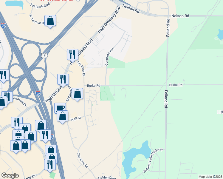 map of restaurants, bars, coffee shops, grocery stores, and more near 5555 Burke Road in Madison