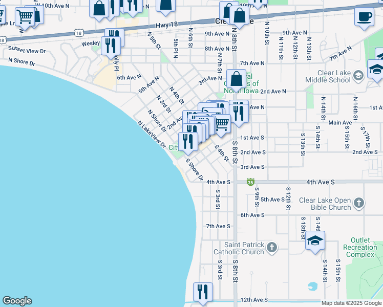 map of restaurants, bars, coffee shops, grocery stores, and more near 211 Main Avenue in Clear Lake