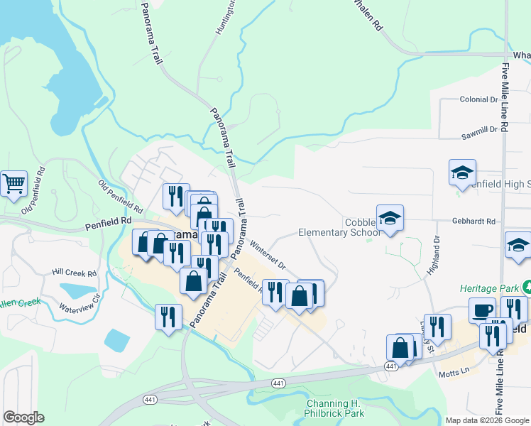 map of restaurants, bars, coffee shops, grocery stores, and more near 520 Panorama Trail in Rochester