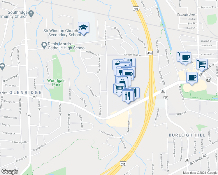 map of restaurants, bars, coffee shops, grocery stores, and more near 99 Jacobson Avenue in St. Catharines
