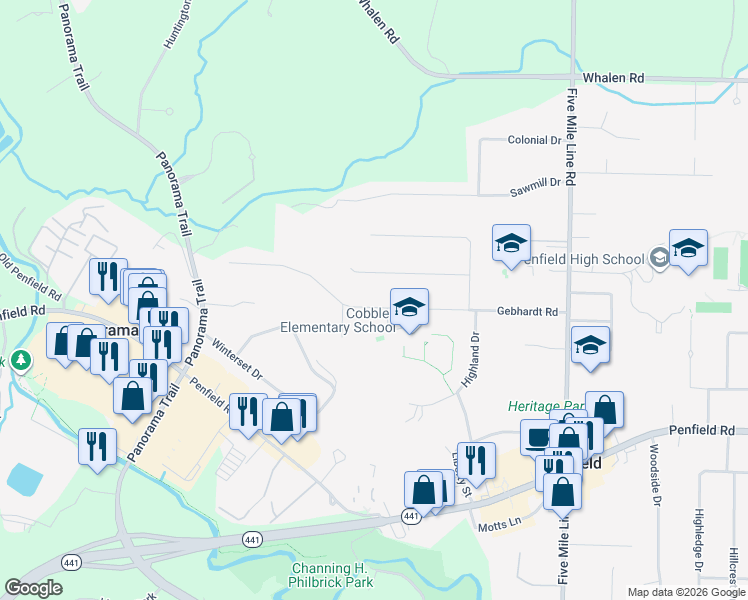 map of restaurants, bars, coffee shops, grocery stores, and more near 169 Gebhardt Road in Penfield
