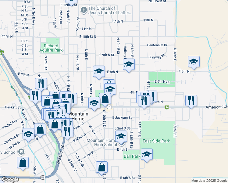 map of restaurants, bars, coffee shops, grocery stores, and more near 480 North 11th East Street in Mountain Home