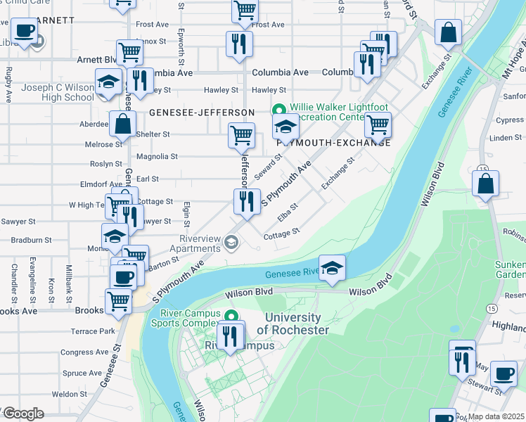 map of restaurants, bars, coffee shops, grocery stores, and more near 1128 South Plymouth Avenue in Rochester