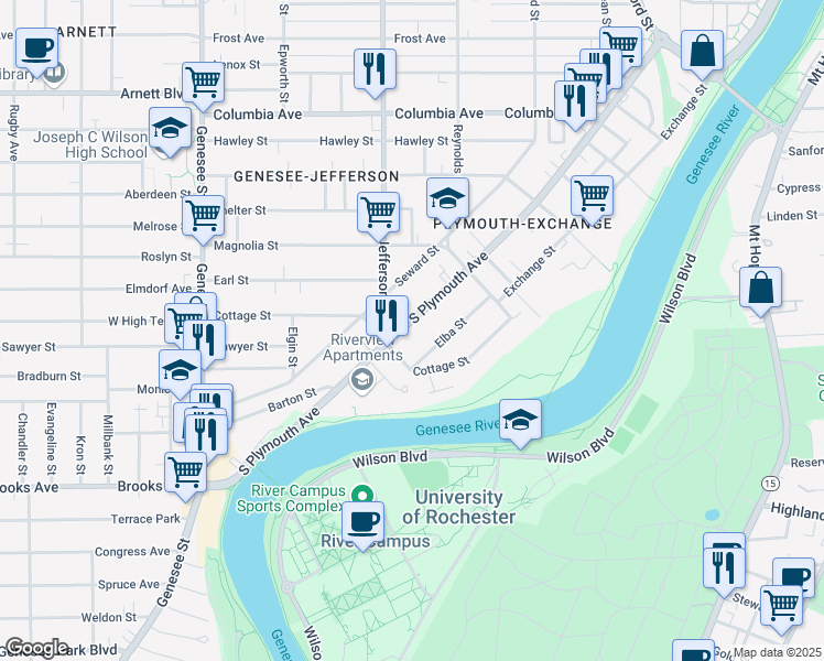 map of restaurants, bars, coffee shops, grocery stores, and more near 1128 South Plymouth Avenue in Rochester